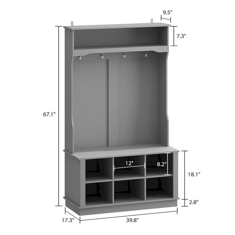 Porte-manteau à casiers larges avec banc et patère, 44 cm (P) x 101 cm (L) x 170 cm (H)