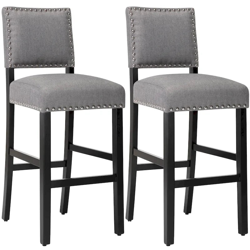 Tabourets de bar rembourrés en tissu de 71 cm (28 pouces) avec dossier et garniture cloutée argentée, ensemble de 2