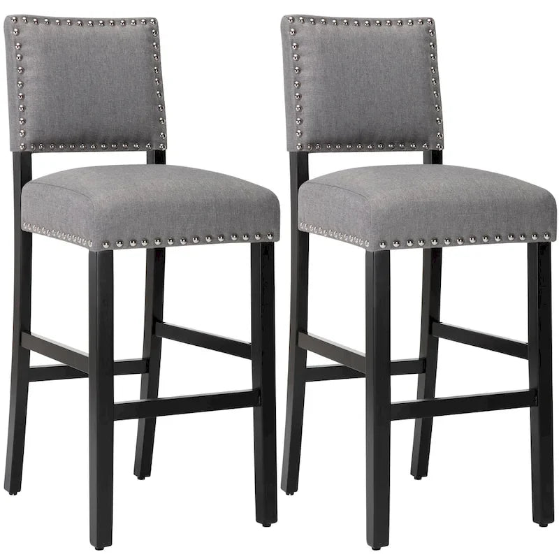 Tabourets de bar rembourrés en tissu de 71 cm (28 pouces) avec dossier et garniture cloutée argentée, ensemble de 2