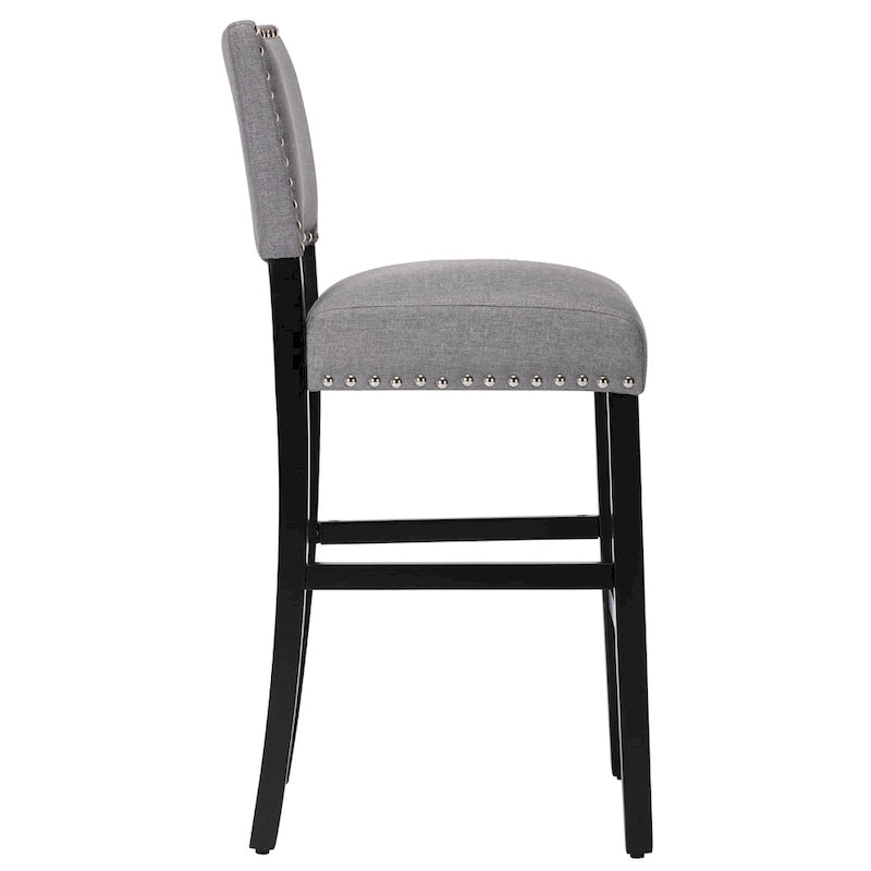 Tabourets de bar rembourrés en tissu de 71 cm (28 pouces) avec dossier et garniture cloutée argentée, ensemble de 2