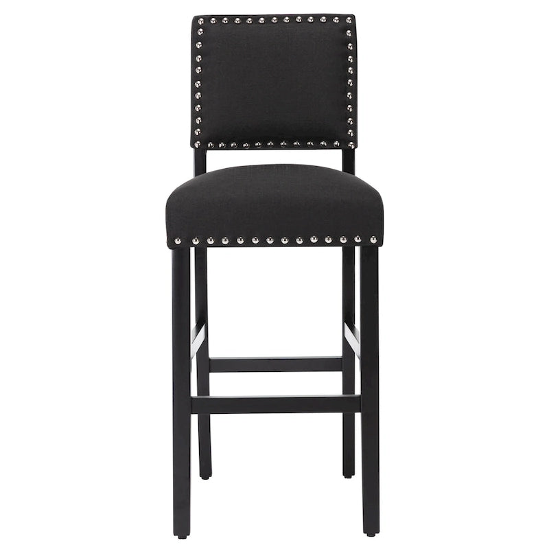 Tabourets de bar rembourrés en tissu de 71 cm (28 pouces) avec dossier et garniture cloutée argentée, ensemble de 2