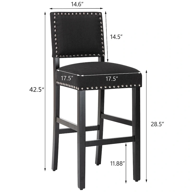 Tabourets de bar rembourrés en tissu de 71 cm (28 pouces) avec dossier et garniture cloutée argentée, ensemble de 2