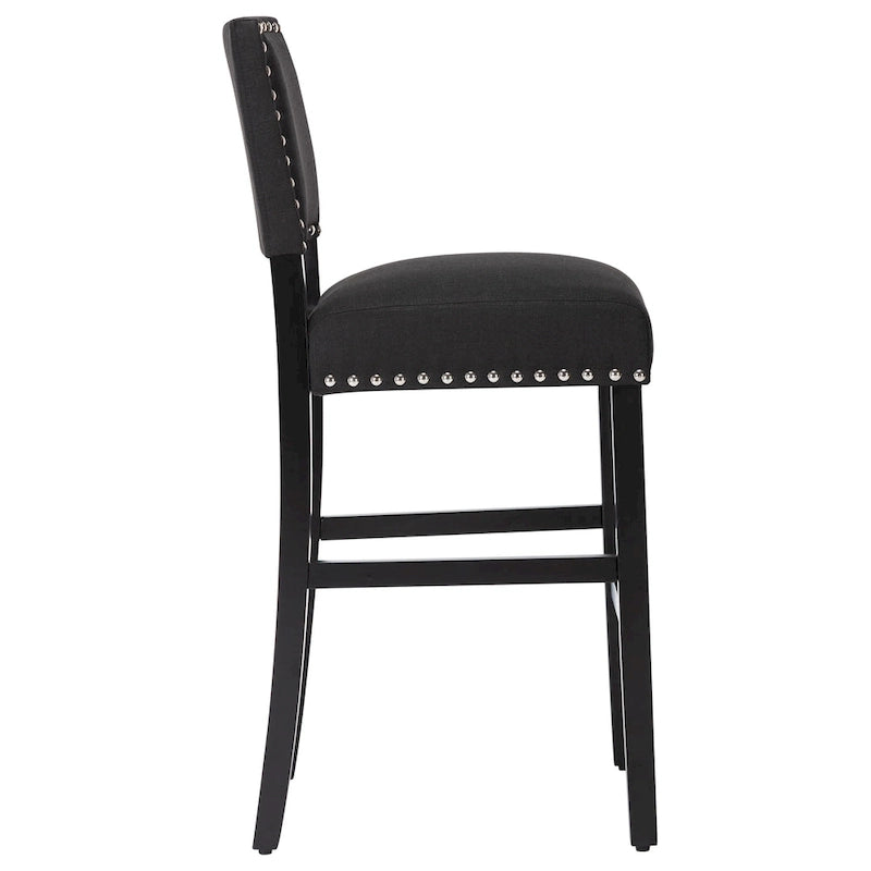 Tabourets de bar rembourrés en tissu de 71 cm (28 pouces) avec dossier et garniture cloutée argentée, ensemble de 2