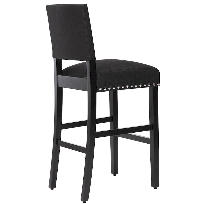 Tabourets de bar rembourrés en tissu de 71 cm (28 pouces) avec dossier et garniture cloutée argentée, ensemble de 2