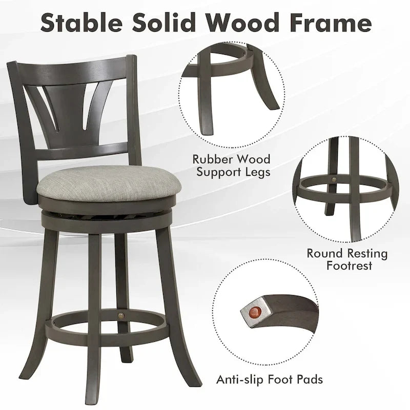 Tabouret de bar pivotant 26,5 cm, hauteur comptoir, pieds en bois d'hévéa (1/2/4 pièces)