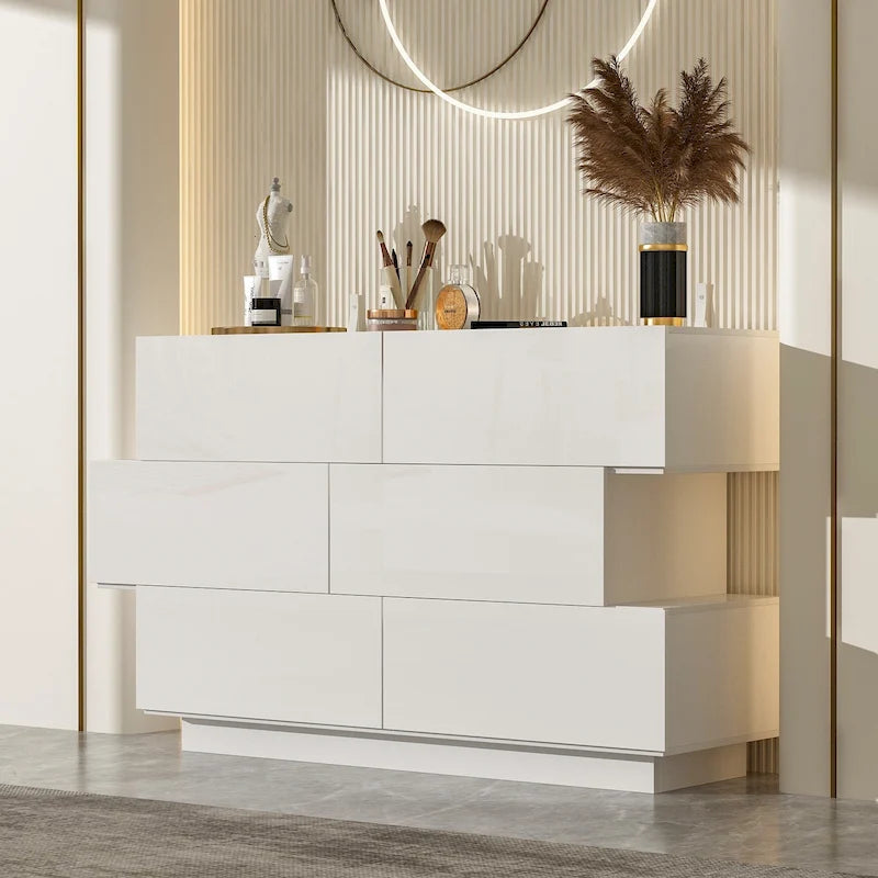 Commode six tiroirs à finition brillante et design décalé (noir/blanc)