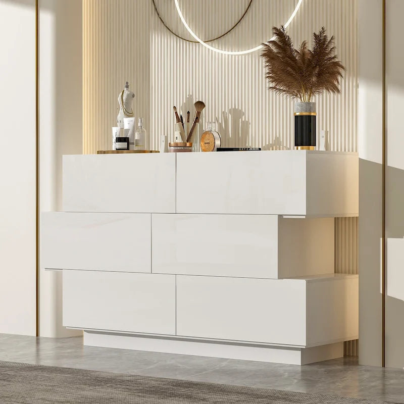 Commode six tiroirs à finition brillante et design décalé (noir/blanc)