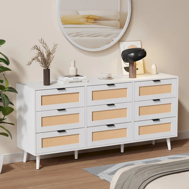 Commode à 9 tiroirs, tour de rangement pour chambre à coucher, style rotin