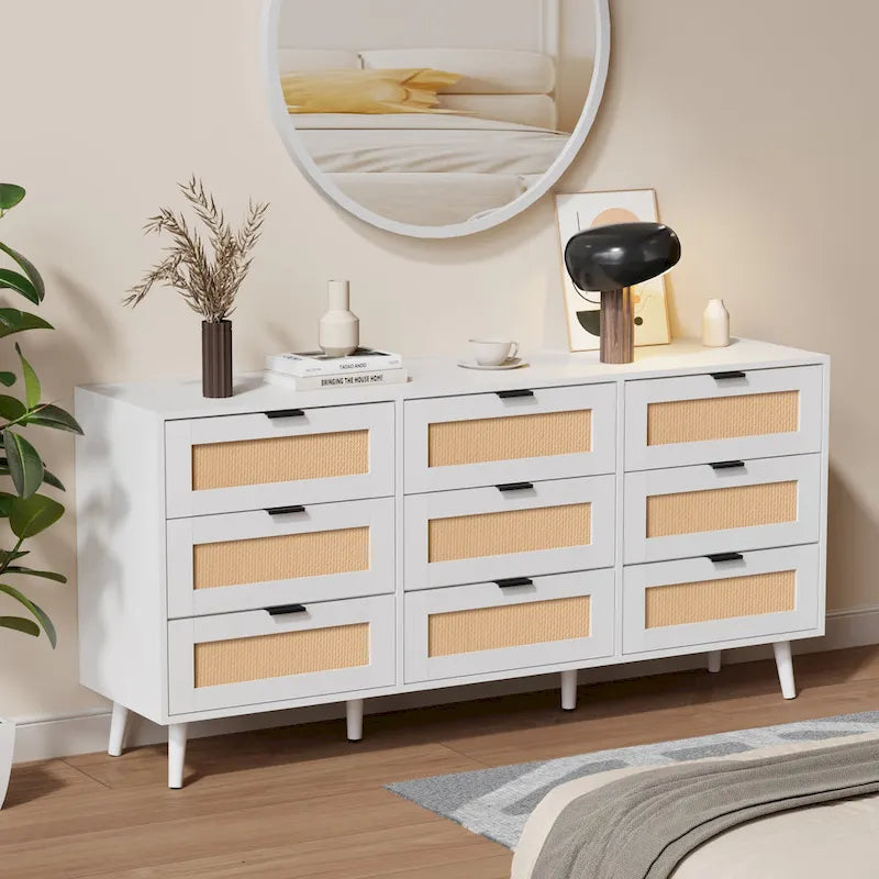 Commode à 9 tiroirs, tour de rangement pour chambre à coucher, style rotin