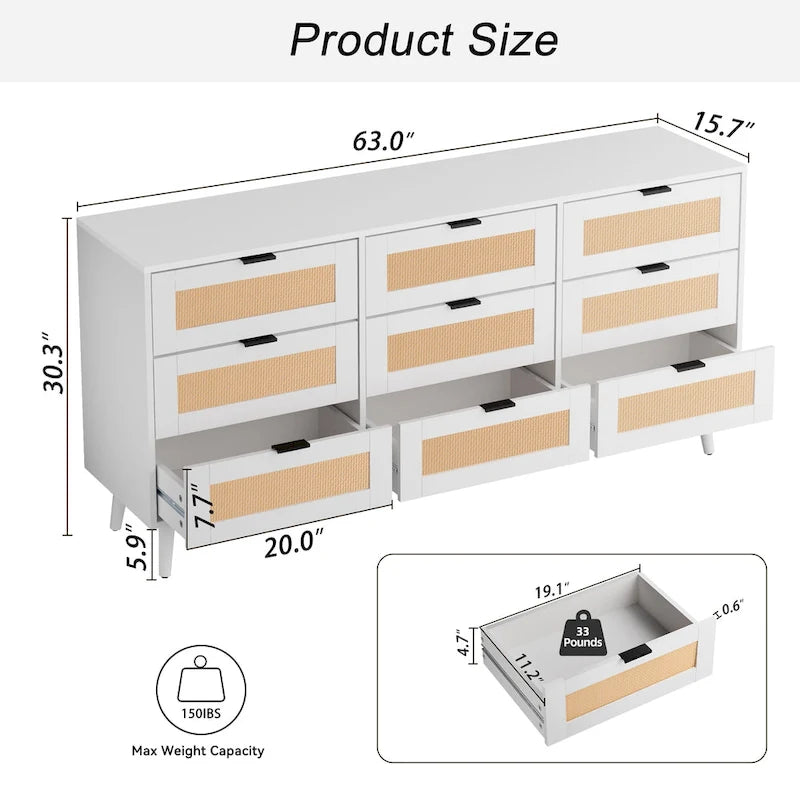 Commode à 9 tiroirs, tour de rangement pour chambre à coucher, style rotin