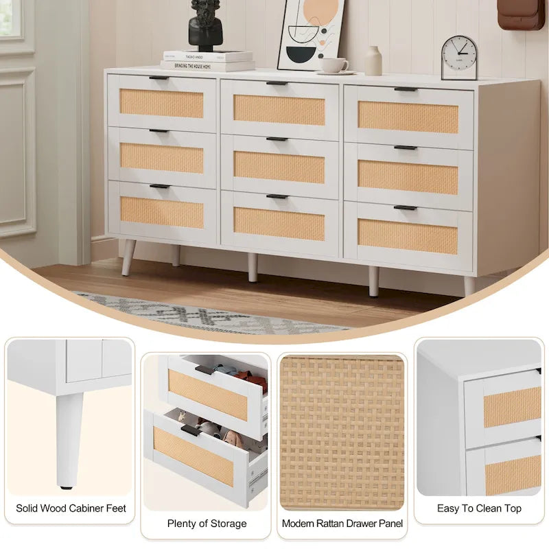 Commode à 9 tiroirs, tour de rangement pour chambre à coucher, style rotin