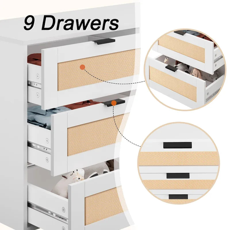 Commode à 9 tiroirs, tour de rangement pour chambre à coucher, style rotin
