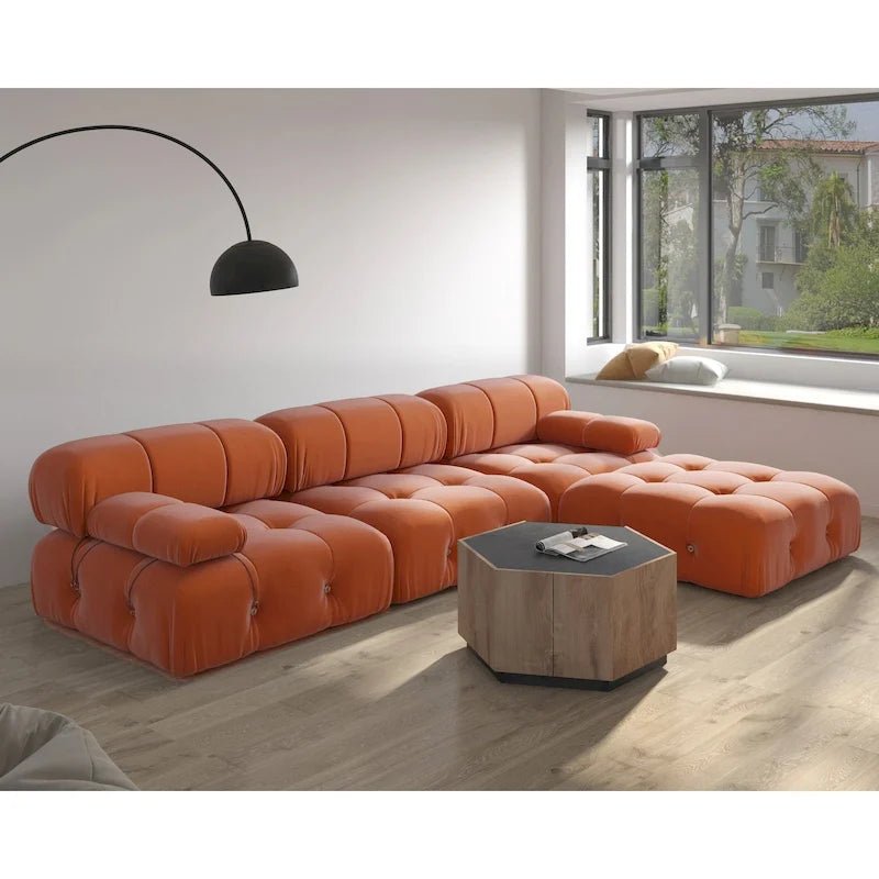 Canapé modulable réversible en velours de 104 cm de large avec méridienne et pouf