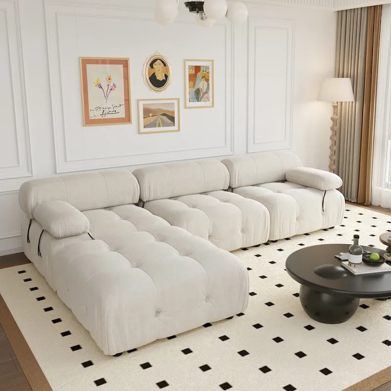 Canapé modulable réversible en velours de 104 cm de large avec méridienne et pouf