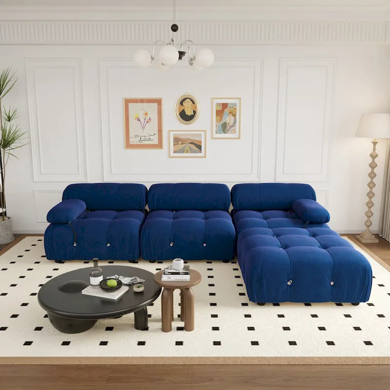 Canapé modulable réversible en velours de 104 cm de large avec méridienne et pouf