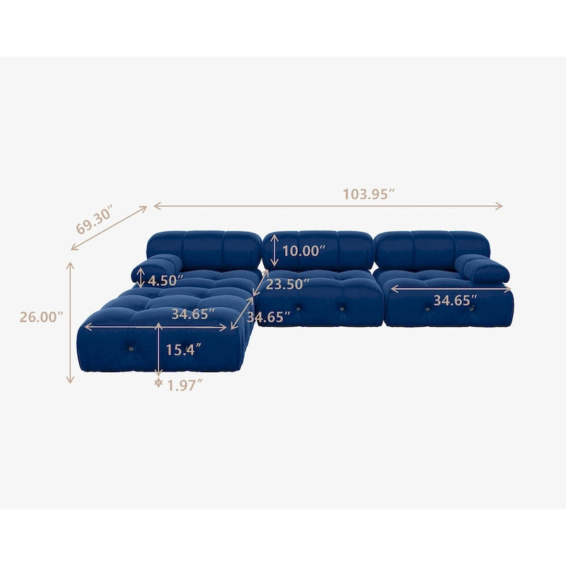 Canapé modulable réversible en velours de 104 cm de large avec méridienne et pouf