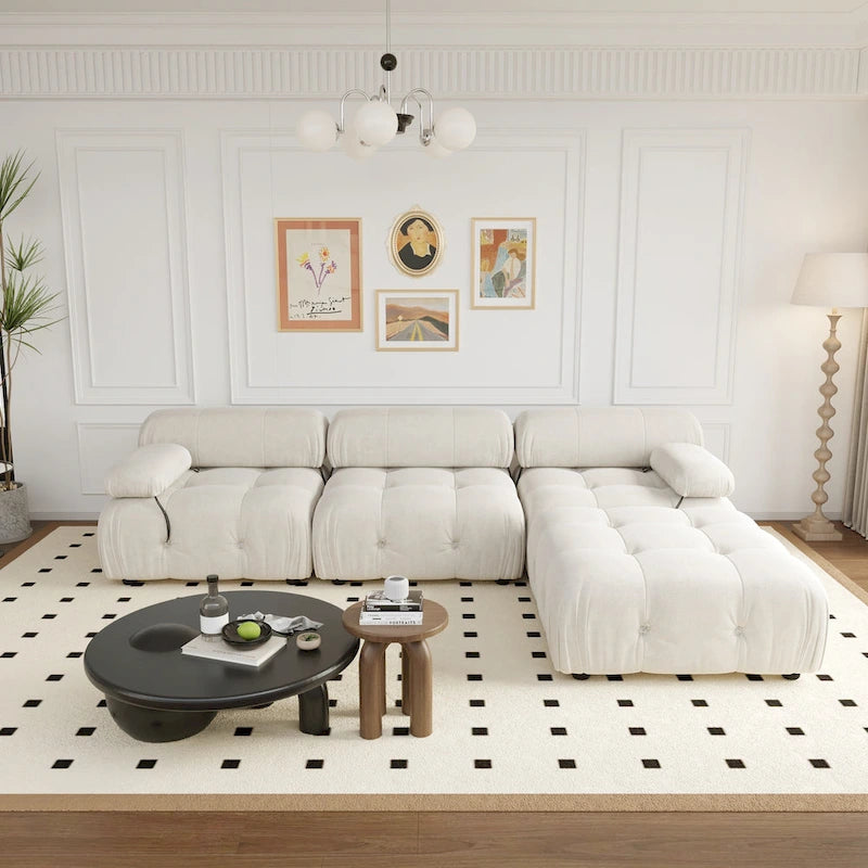 Canapé modulable réversible en velours de 104 cm de large avec méridienne et pouf