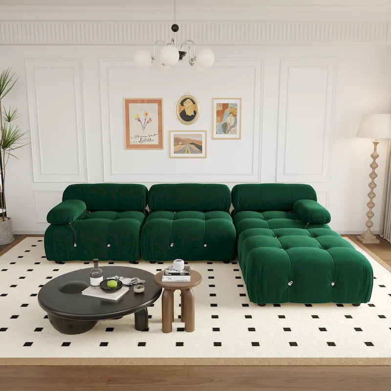 Canapé modulable réversible en velours de 104 cm de large avec méridienne et pouf