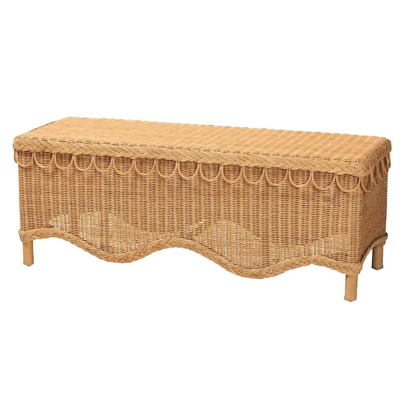 Banc d'appoint Erla Bohemian en rotin miel clair avec bordure festonnée