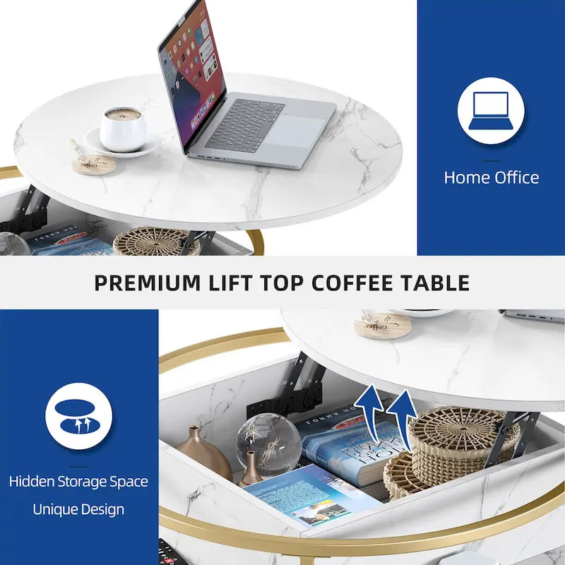 Table basse ronde relevable, plateau en marbre blanc et structure dorée