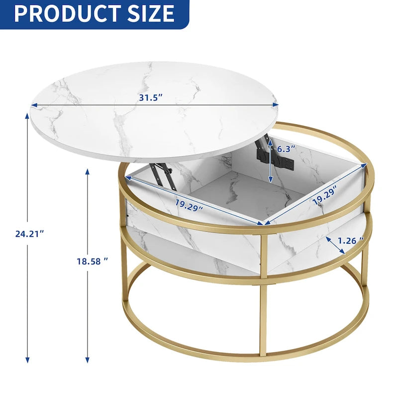 Table basse ronde relevable, plateau en marbre blanc et structure dorée