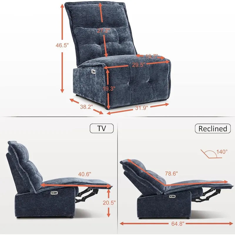 Fauteuil inclinable électrique sans accoudoirs MCombo avec ports USB, canapé inclinable électrique de 3,5 pouces de dégagement mural pour salon, ALR01