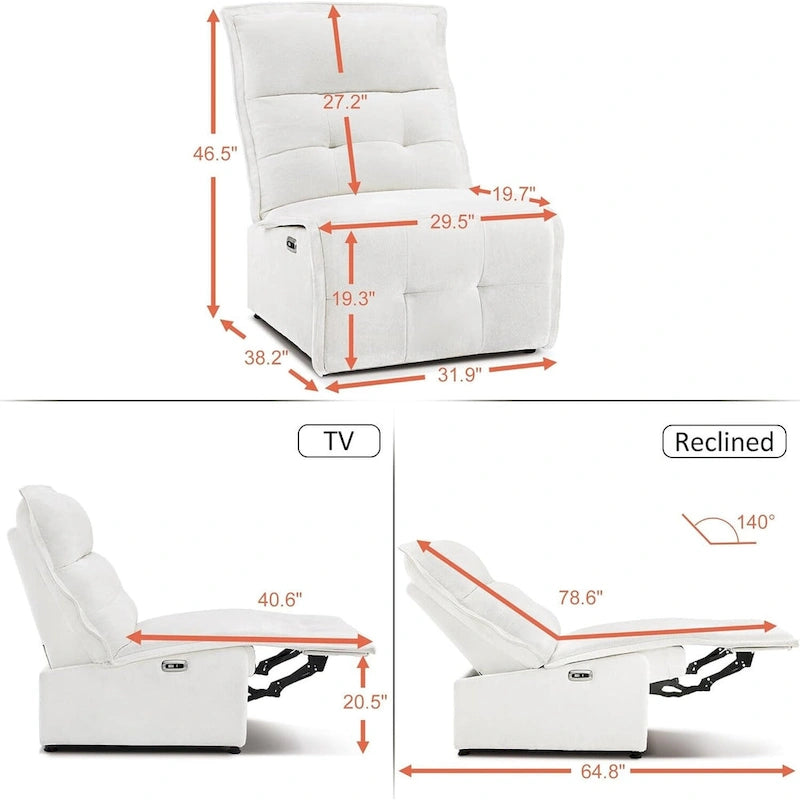 Fauteuil inclinable électrique sans accoudoirs MCombo avec ports USB, canapé inclinable électrique de 3,5 pouces de dégagement mural pour salon, ALR01