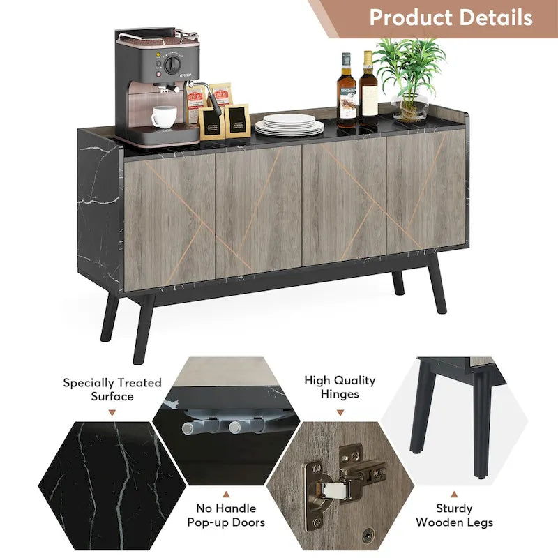 Buffet de cuisine de 140 cm (55 pouces) avec rangements et portes, idéal pour la salle à manger, le salon ou l'entrée.