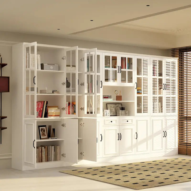 Buffet combiné 78,7H, vitrine blanche avec bibliothèque et porte vitrée