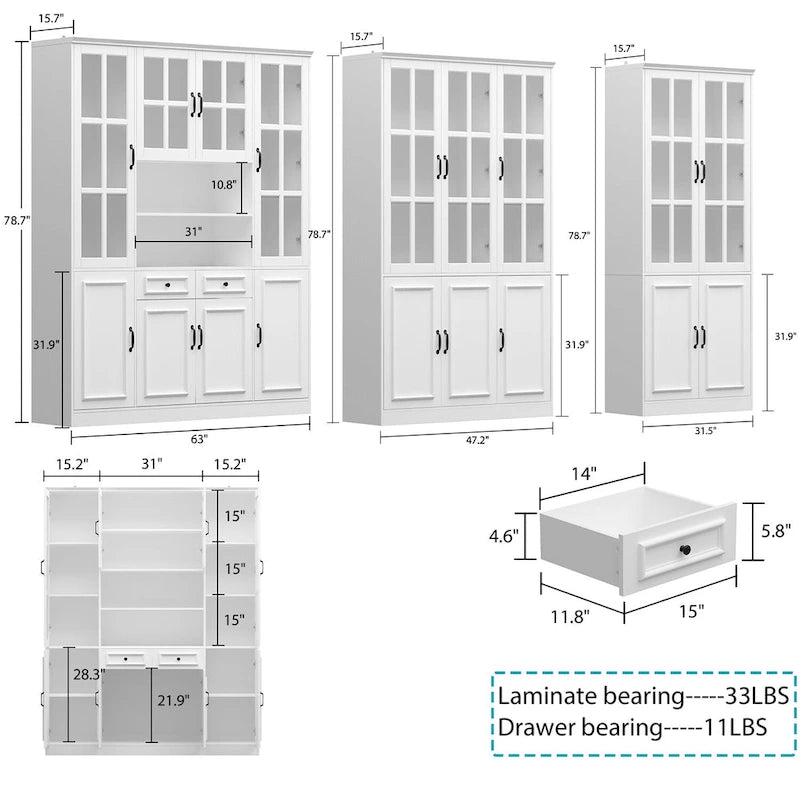 Buffet combiné 78,7H, vitrine blanche avec bibliothèque et porte vitrée