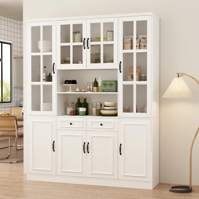 Buffet combiné 78,7H, vitrine blanche avec bibliothèque et porte vitrée