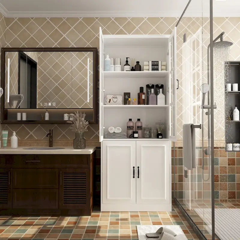 Buffet combiné 78,7H, vitrine blanche avec bibliothèque et porte vitrée