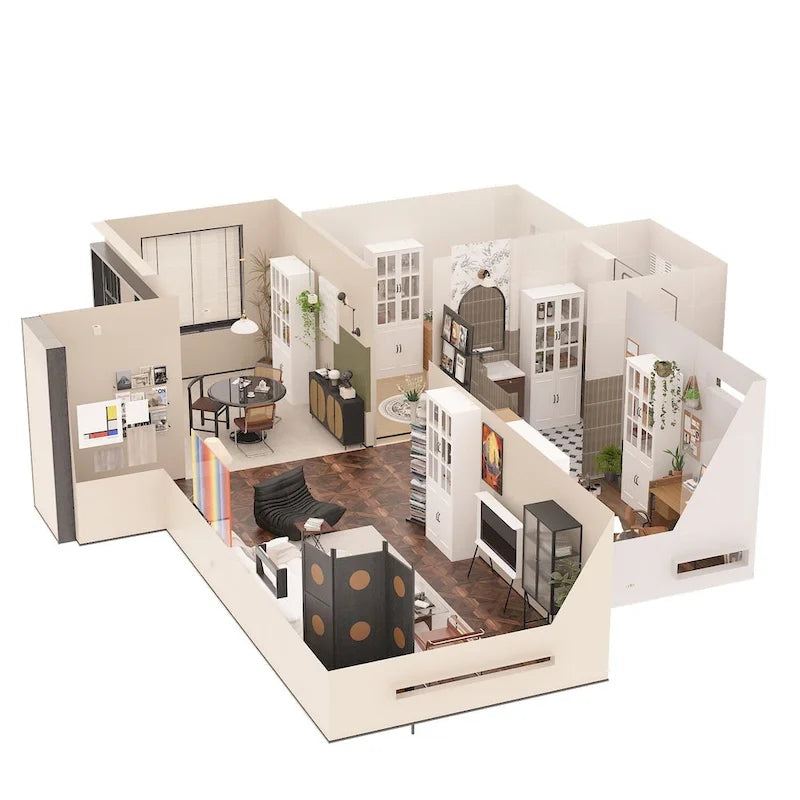 Buffet combiné 78,7H, vitrine blanche avec bibliothèque et porte vitrée