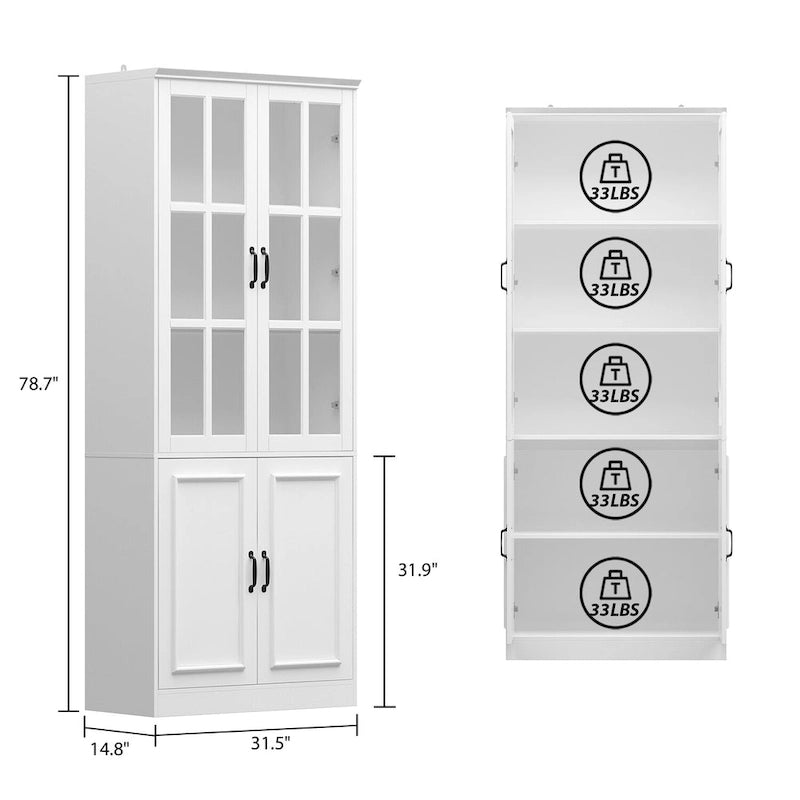 Buffet combiné 78,7H, vitrine blanche avec bibliothèque et porte vitrée