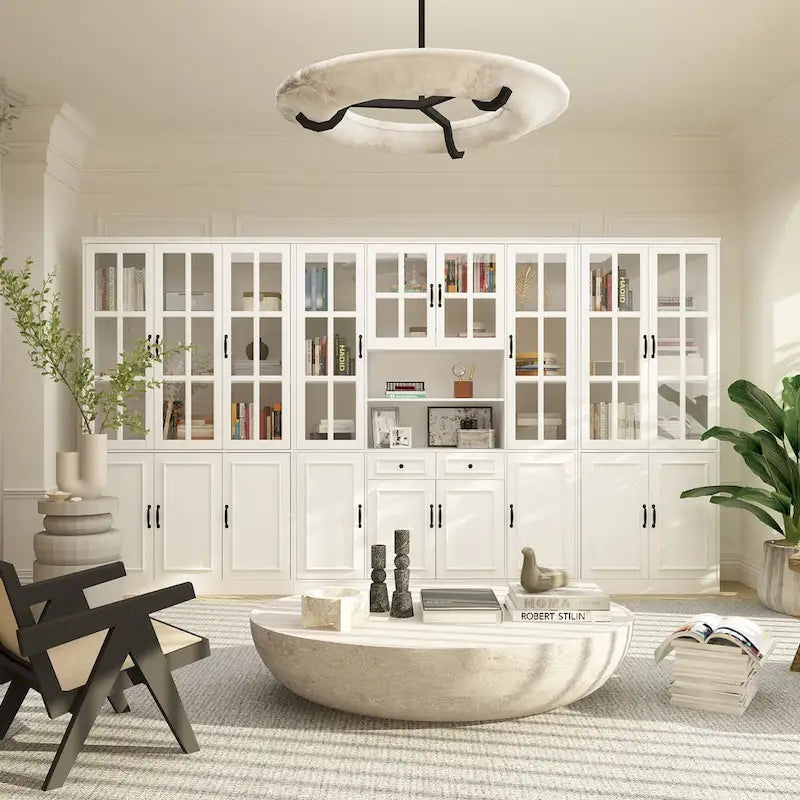 Buffet combiné 78,7H, vitrine blanche avec bibliothèque et porte vitrée