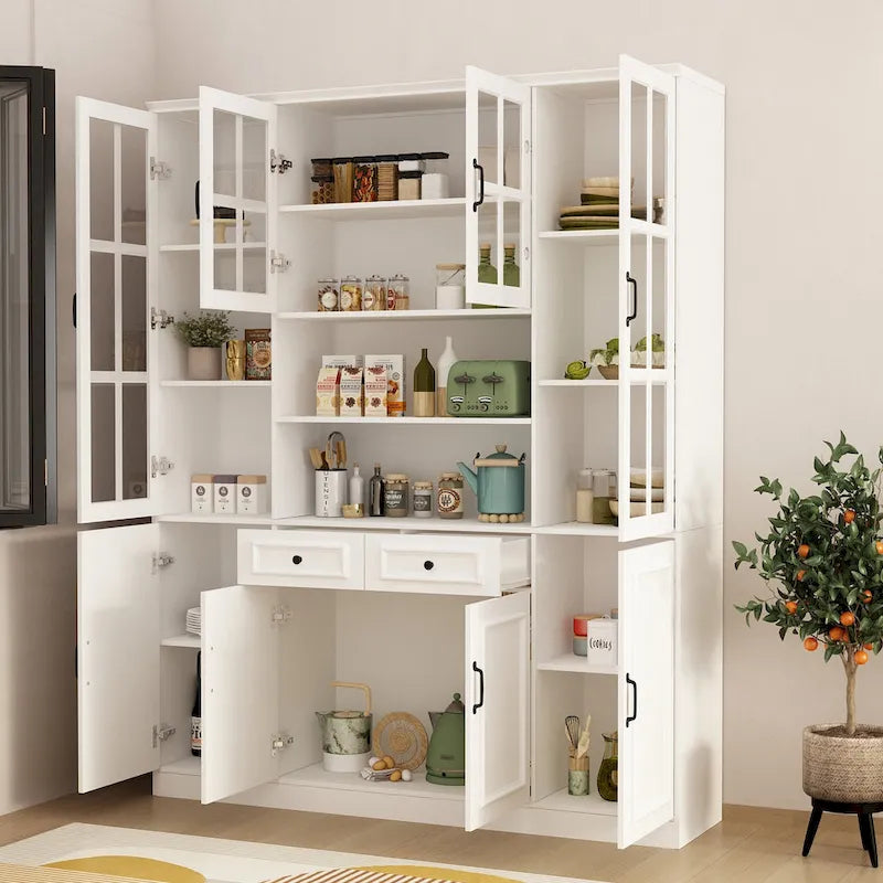 Buffet combiné 78,7H, vitrine blanche avec bibliothèque et porte vitrée