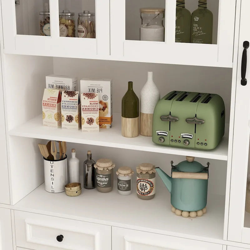 Buffet combiné 78,7H, vitrine blanche avec bibliothèque et porte vitrée