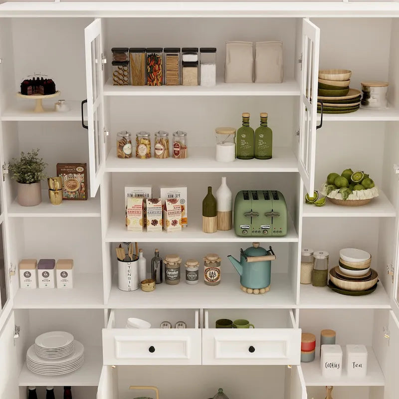 Buffet combiné 78,7H, vitrine blanche avec bibliothèque et porte vitrée