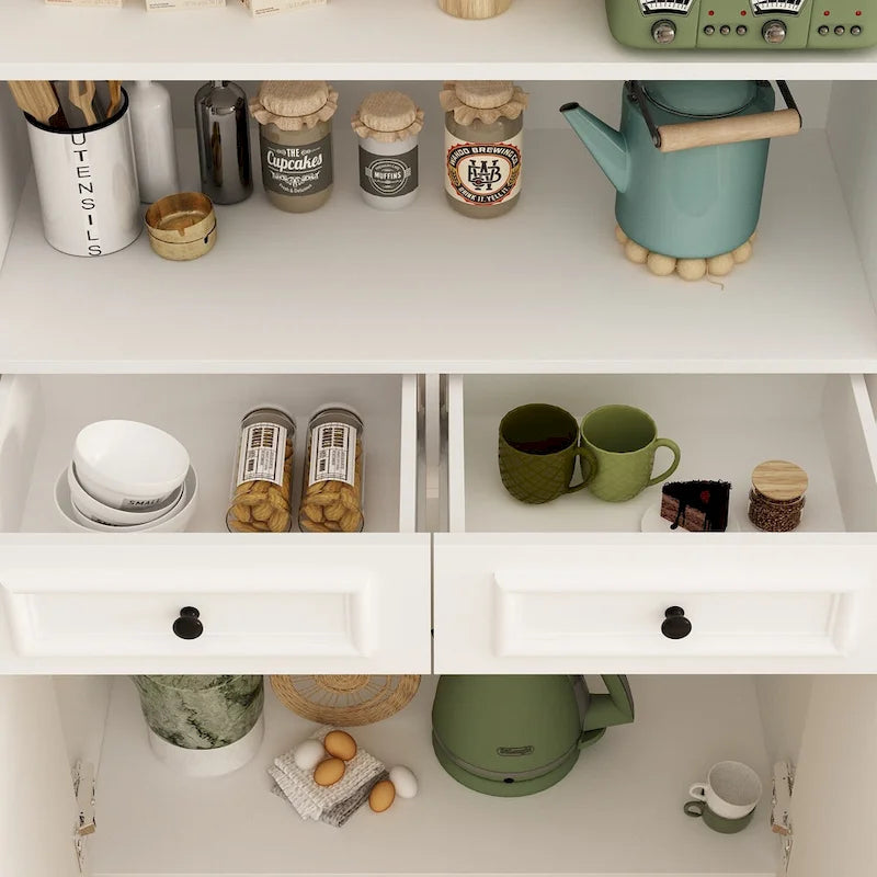 Buffet combiné 78,7H, vitrine blanche avec bibliothèque et porte vitrée