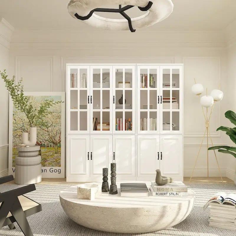 Buffet combiné 78,7H, vitrine blanche avec bibliothèque et porte vitrée