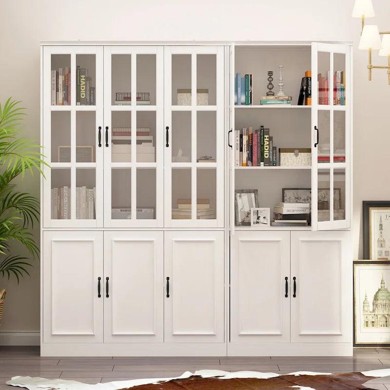 Buffet combiné 78,7H, vitrine blanche avec bibliothèque et porte vitrée