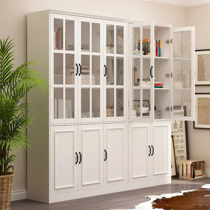 Buffet combiné 78,7H, vitrine blanche avec bibliothèque et porte vitrée