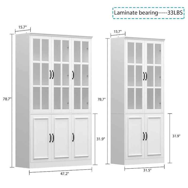 Buffet combiné 78,7H, vitrine blanche avec bibliothèque et porte vitrée