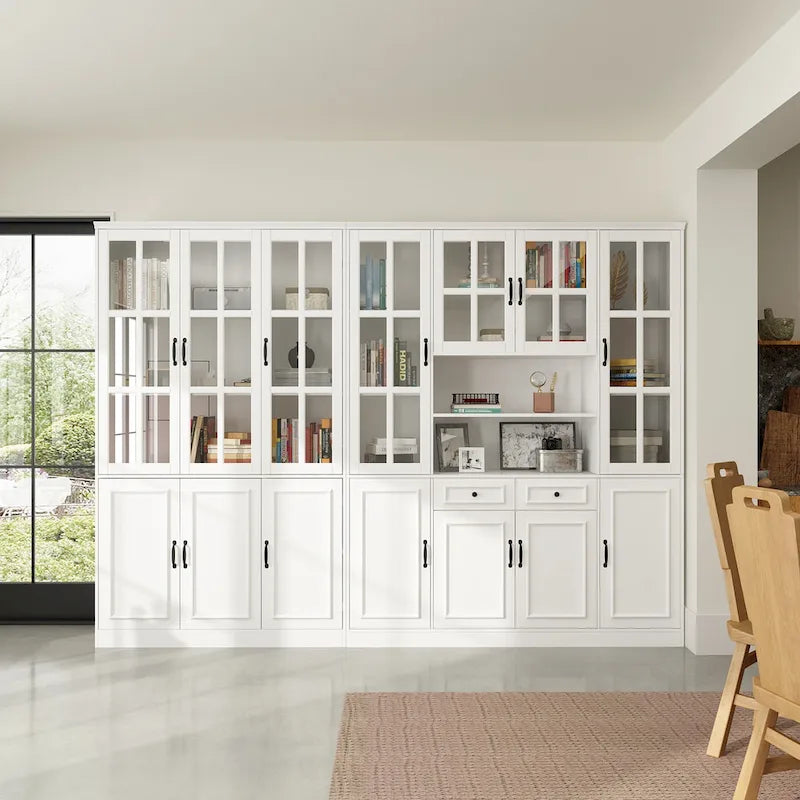 Buffet combiné 78,7H, vitrine blanche avec bibliothèque et porte vitrée