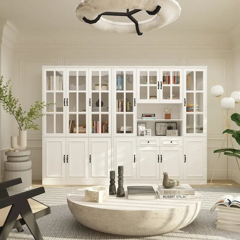 Buffet combiné 78,7H, vitrine blanche avec bibliothèque et porte vitrée