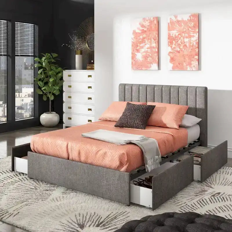 Lit plateforme de rangement à 4 tiroirs en lin gris Arlert par iNSPIRE Q Modern