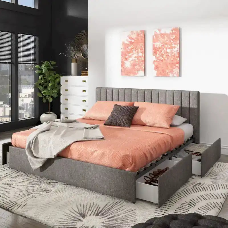 Lit plateforme de rangement à 4 tiroirs en lin gris Arlert par iNSPIRE Q Modern