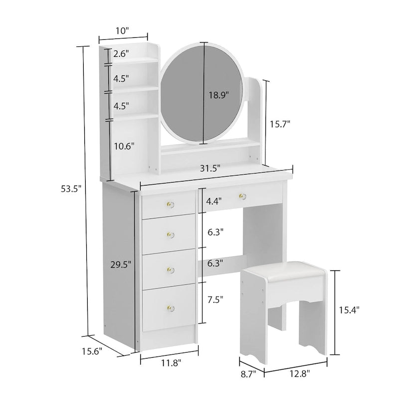 Ensemble coiffeuse de 80 cm de large avec tabouret et miroir - 80 cm de large