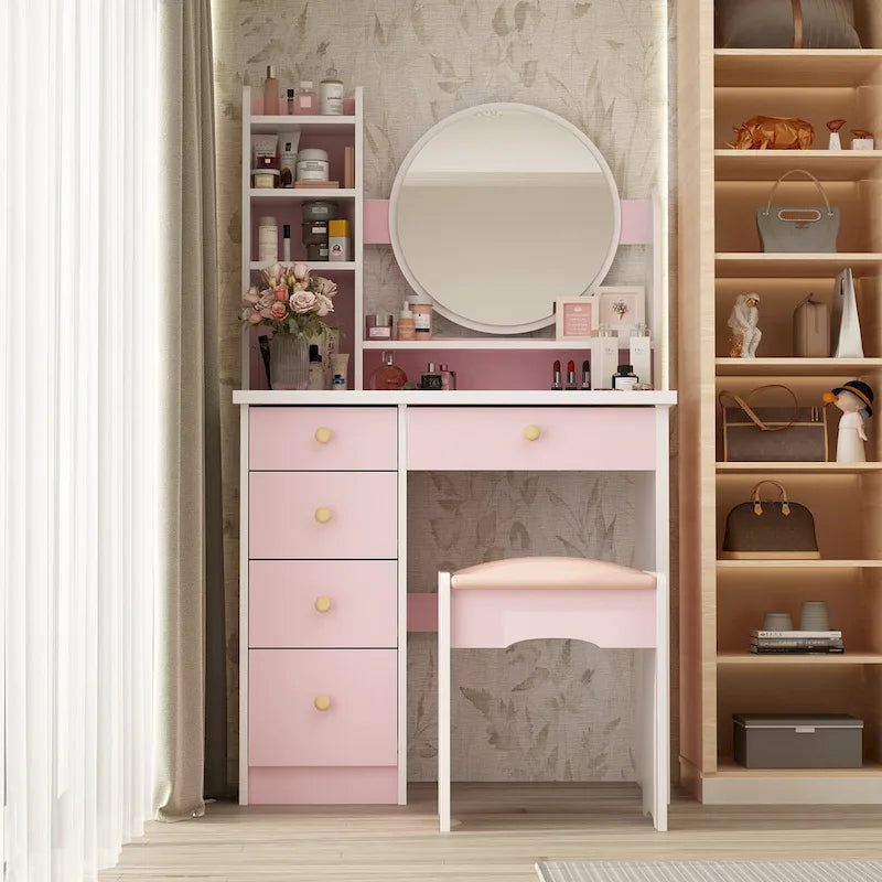 Ensemble coiffeuse de 80 cm de large avec tabouret et miroir - 80 cm de large