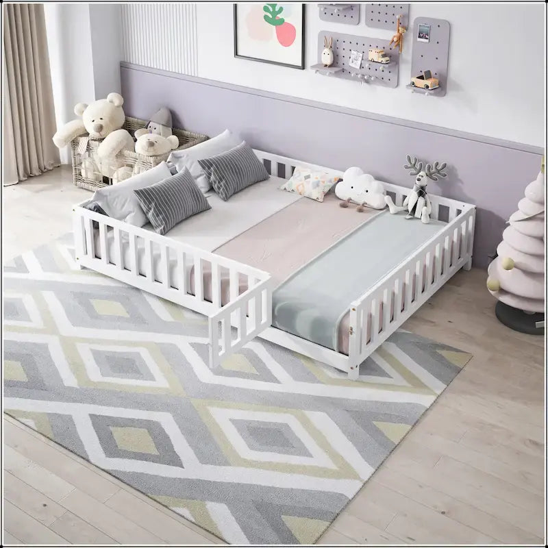 Full Size Floor Platform Bed with Fence and Door for Kids